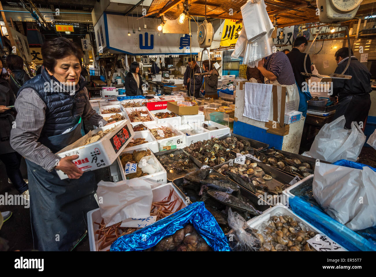 TOKYO, JAPAN November, 22, 2014 Seafood sellers at Tsukiji, the