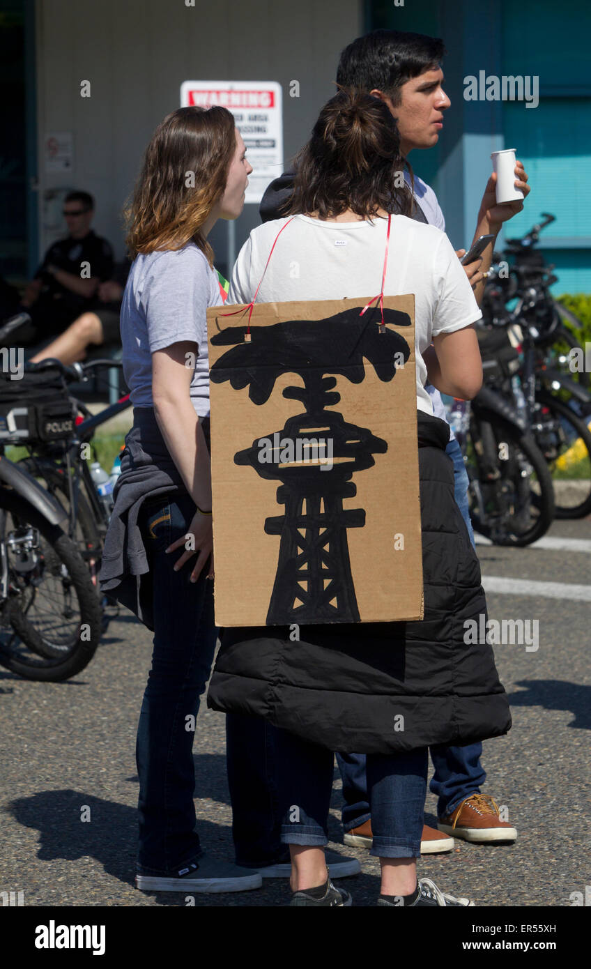 Protest Against Royal Dutch Shell's Floating Oil Drill Rig, Polar Pioneer, Seattle, Washington, USA, May 18, 2015 Stock Photo