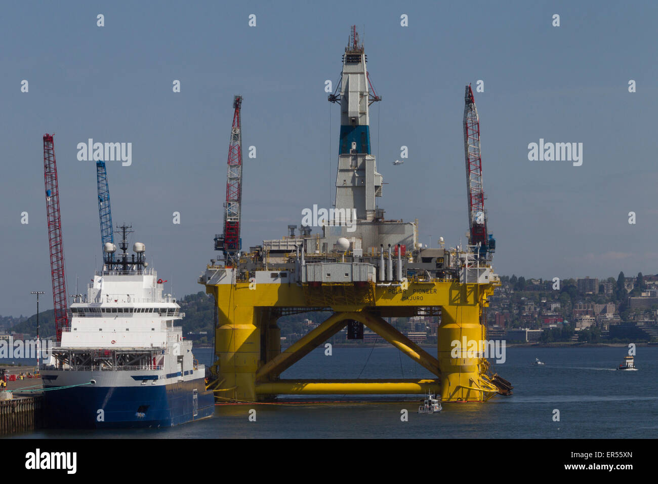 Protest Against Royal Dutch Shell's Floating Oil Drill Rig, Polar Pioneer, Seattle, Washington, USA, May 18, 2015 Stock Photo