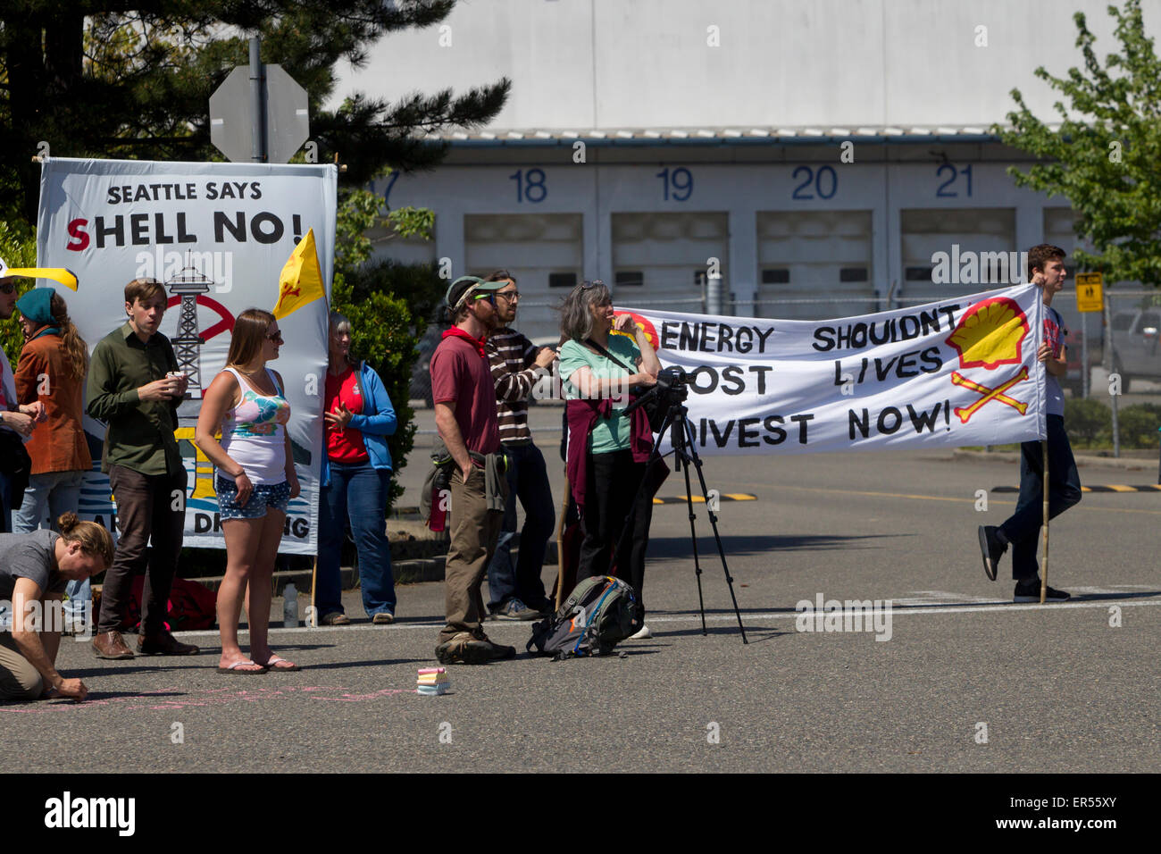 Protest Against Royal Dutch Shell's Floating Oil Drill Rig, Polar Pioneer, Seattle, Washington, USA, May 18, 2015 Stock Photo