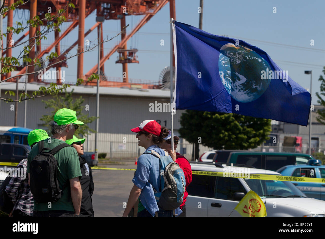 Protest Against Royal Dutch Shell's Floating Oil Drill Rig, Polar Pioneer, Seattle, Washington, USA, May 18, 2015 Stock Photo