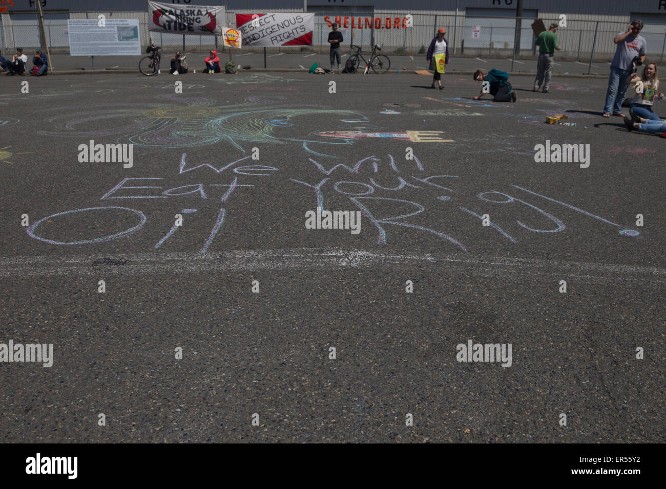 Protest Against Royal Dutch Shell's Floating Oil Drill Rig, Polar Pioneer, Seattle, Washington, USA, May 18, 2015 Stock Photo