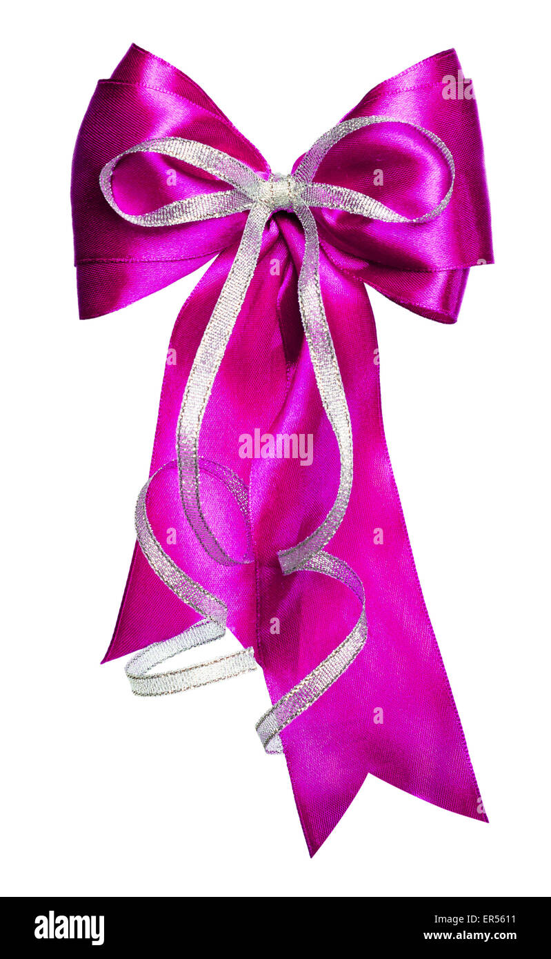 pink bow with silver ribbon made from silk isolated Stock Photo