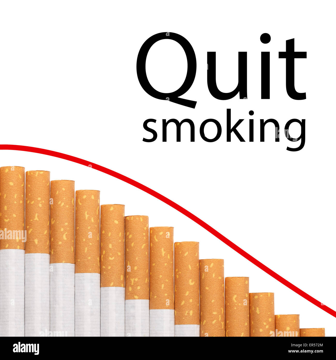 Quit smoking text with a graph of cigarettes and a red down trend line. Stock Photo