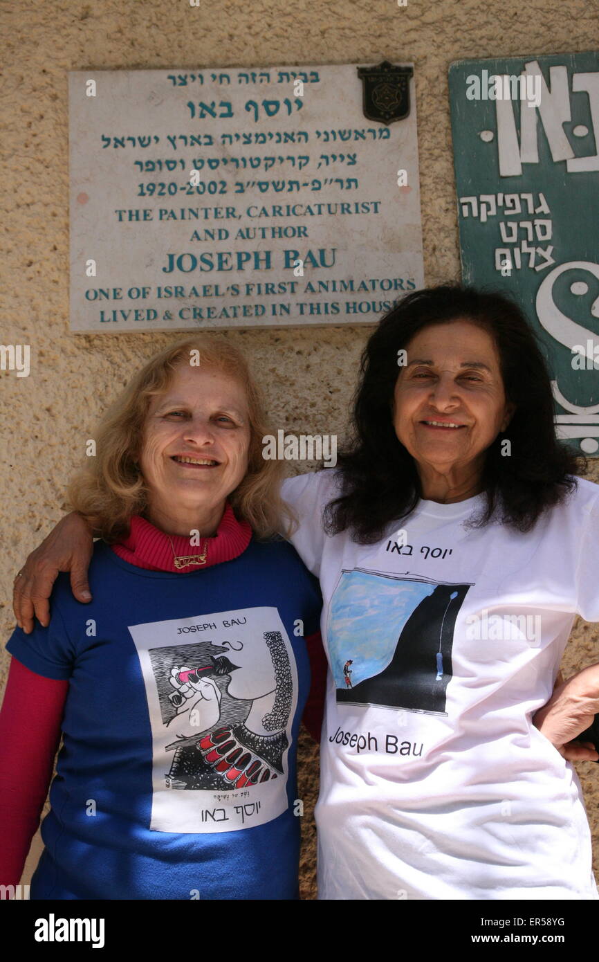 Hadasah Bau and Adina Tovy in front of The Joseph Bau House, Tel Aviv, Israel. Stock Photo