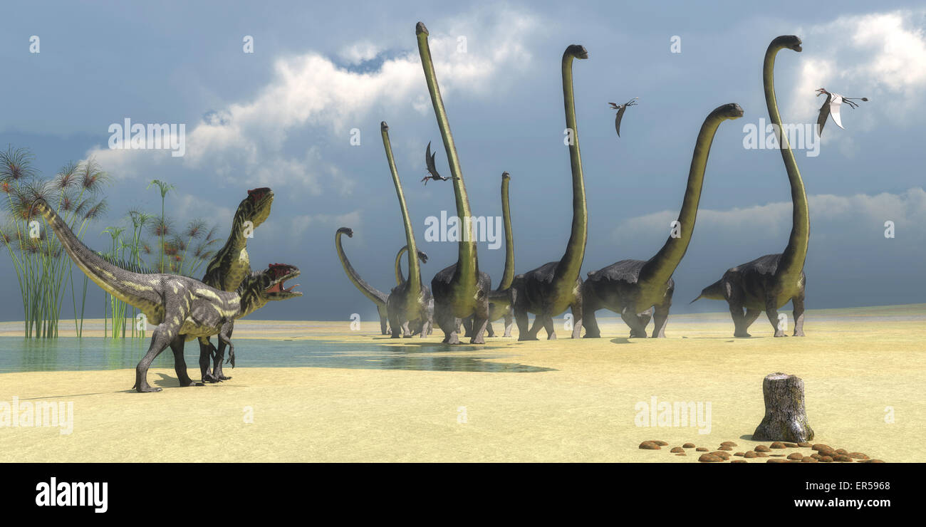 Three Dorygnathus flying reptiles watch as two Allosaurus predators prepare for an attack on a herd of Omeisaurus dinosaurs. Stock Photo