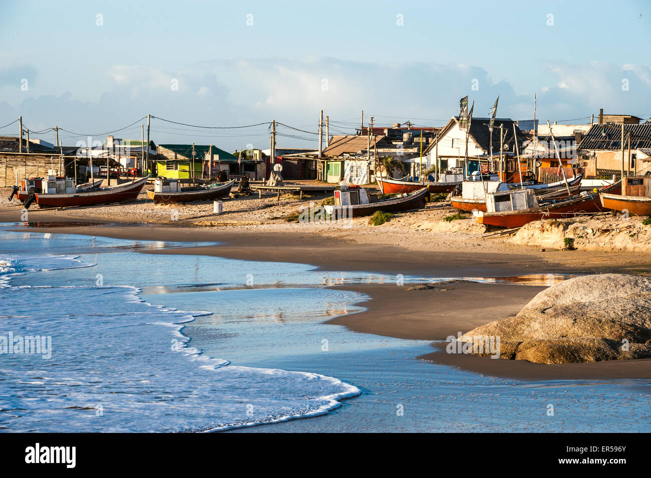 Nets on the Punta del Diablo Beach, popular tourist place and Fisherman's place in the Uruguay Coast Stock Photo