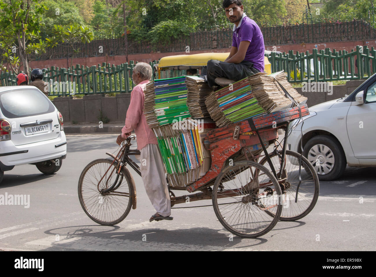 India, Old Delhi. Old Delhi Market area, typical trishaw with load of cargo. Stock Photo