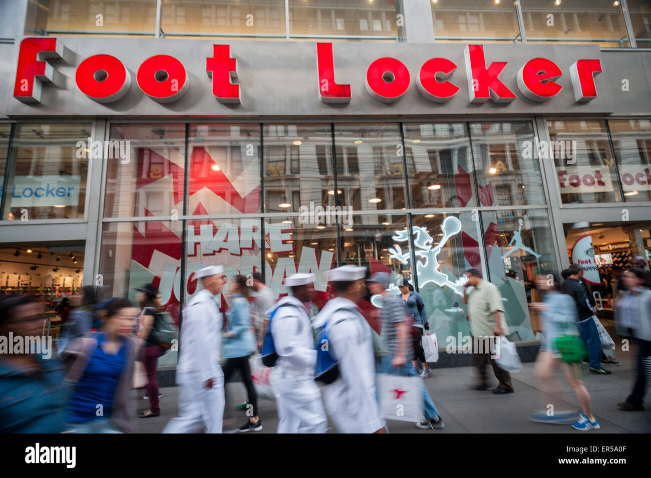 A Foot Locker store in Herald Square in New York is seen on Friday, May 22, 2015. Foot Locker announced a 14% increase in first quarter profit. Increased interest in athleisure wear has driven customers into the stores where they eventually buy shoes. Athletic footwear accounts for three-quarters of their sales.  (© Richard B. Levine) Stock Photo