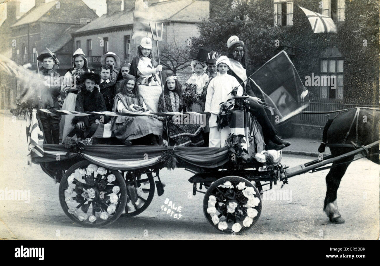 Children on Horse-drawn Carnival Float, Unknown Location Stock Photo
