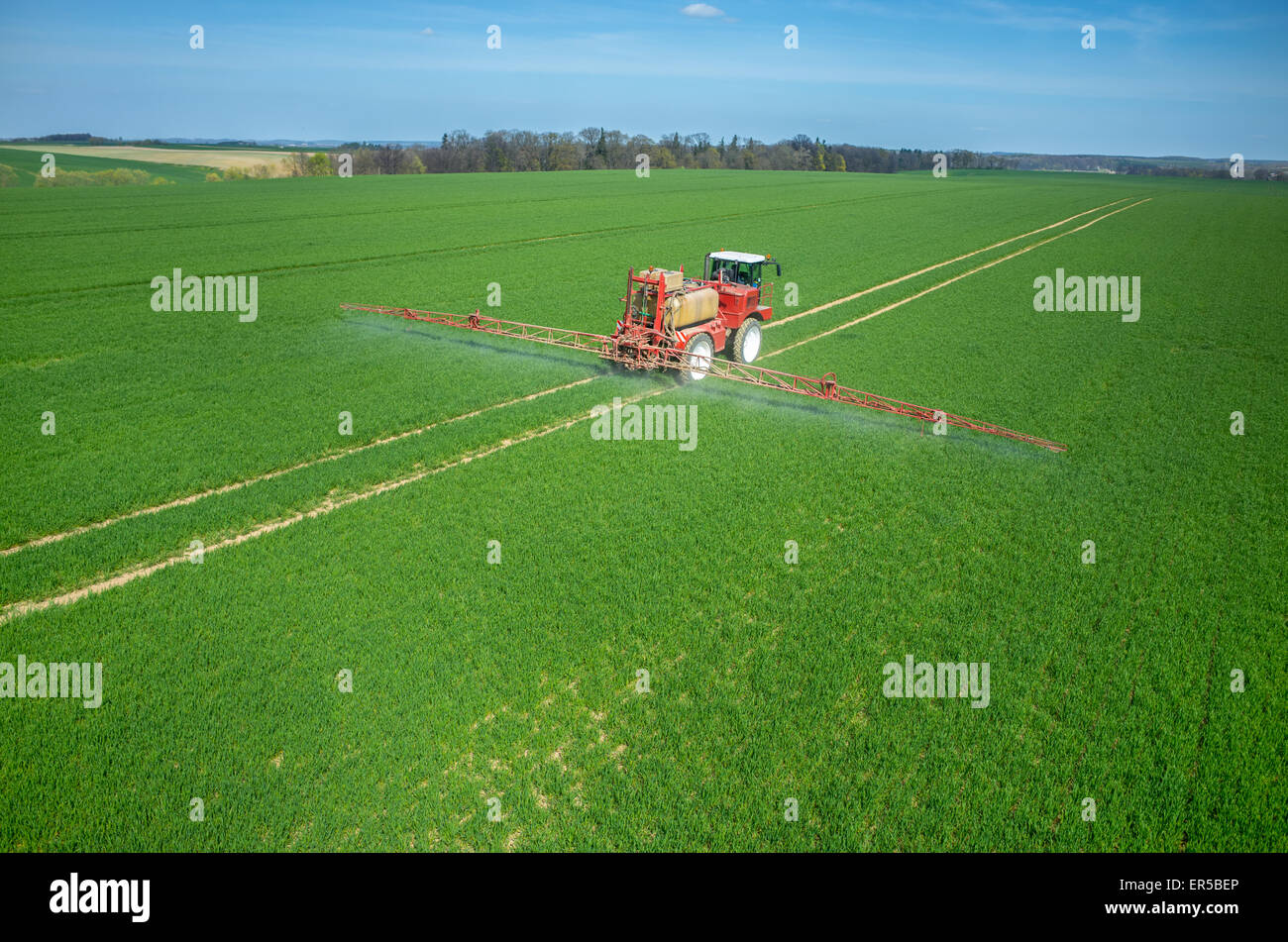 Aerial view of the tractor spraying the chemicals on the large green ...