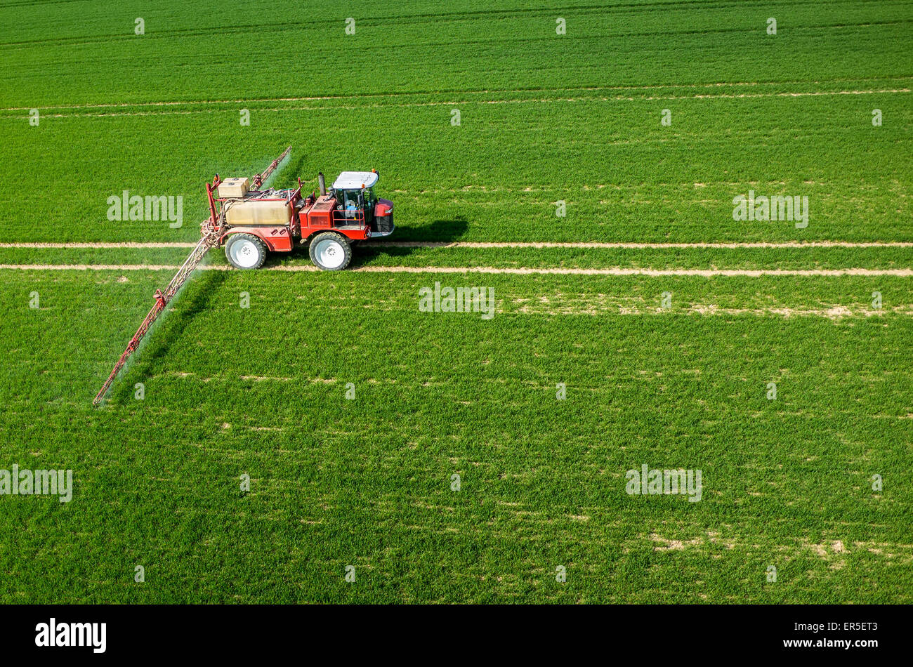 Aerial view of the tractor spraying the chemicals on the large green ...