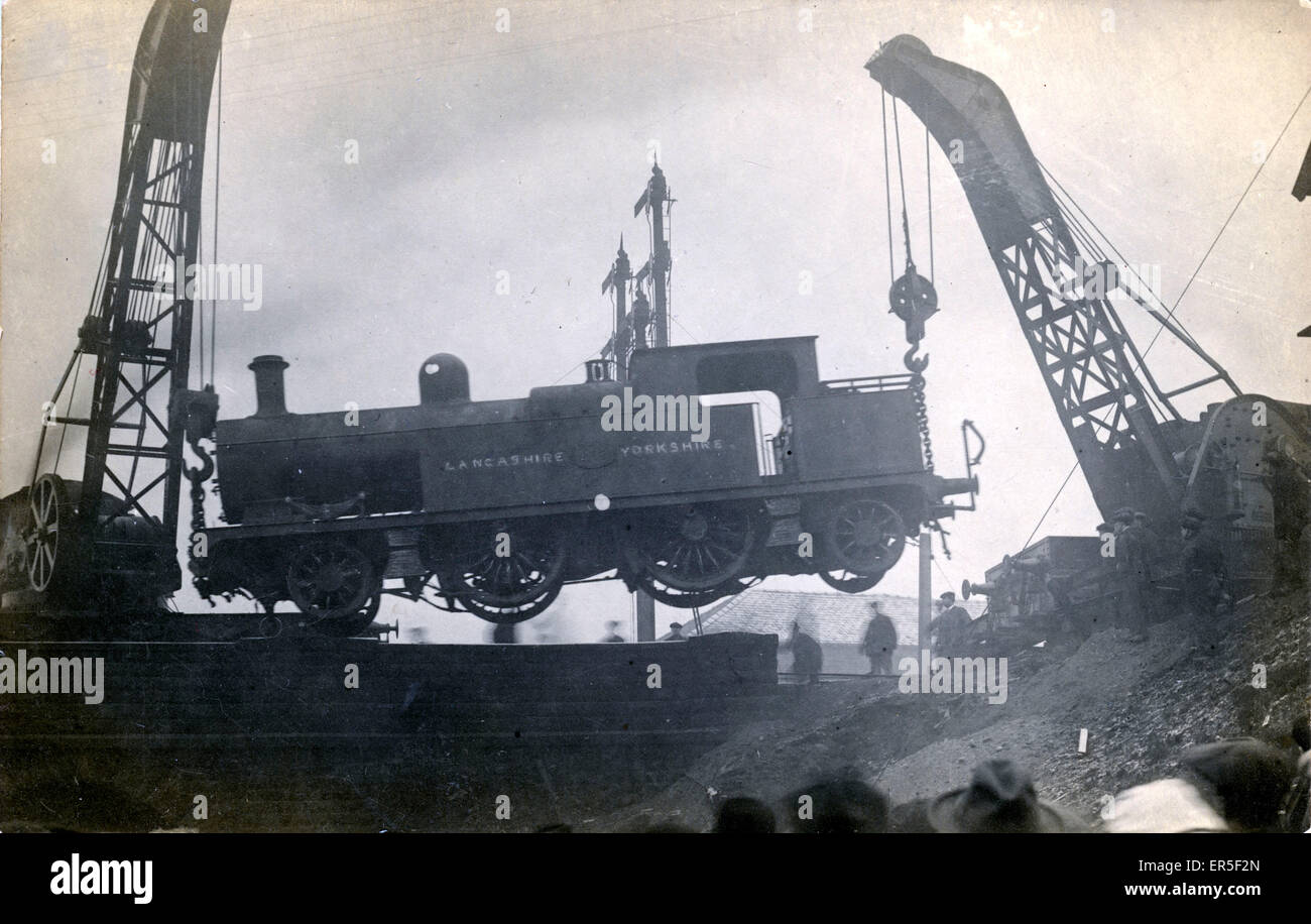 2-4-2 Tank Engine Suspended by Cranes, Rochdale, Lancashire Stock Photo