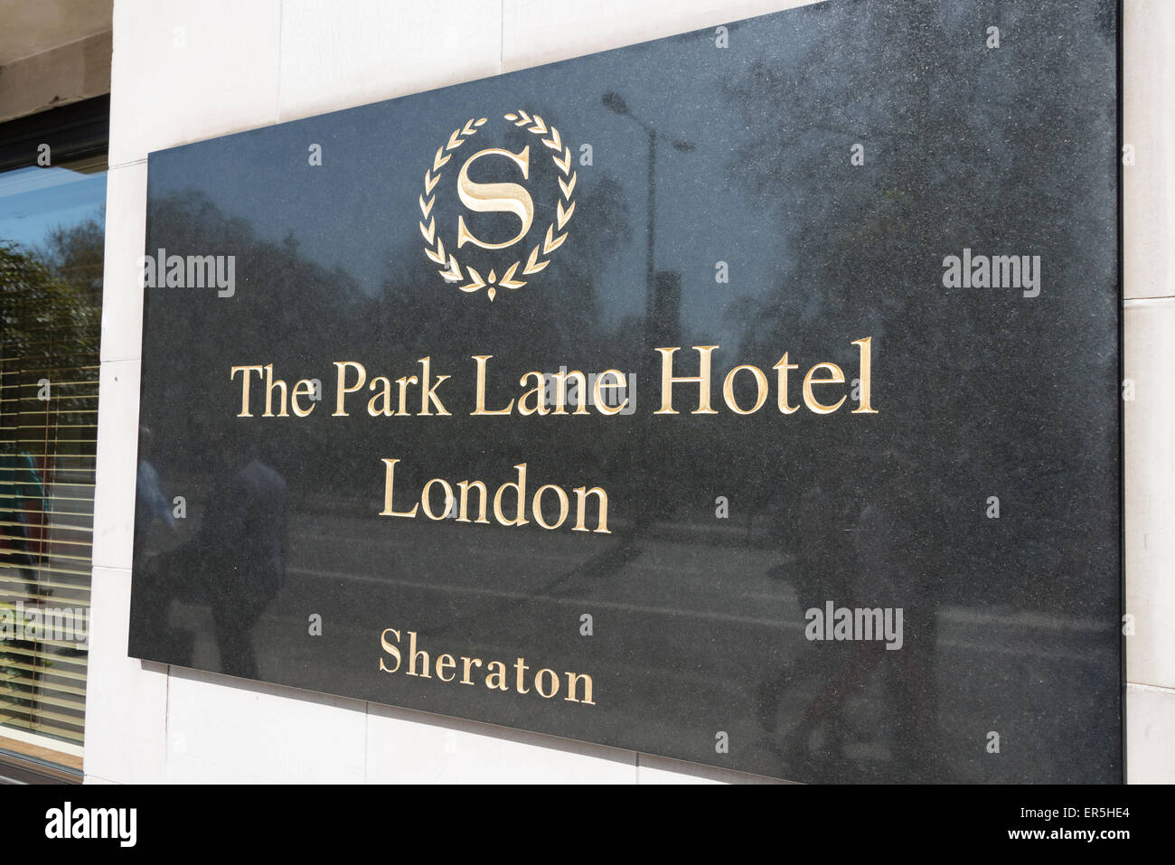 The Park Lane Hotel (Sheraton) plaque, Piccadilly, Mayfair, City of Westminster, London, England, United Kingdom Stock Photo
