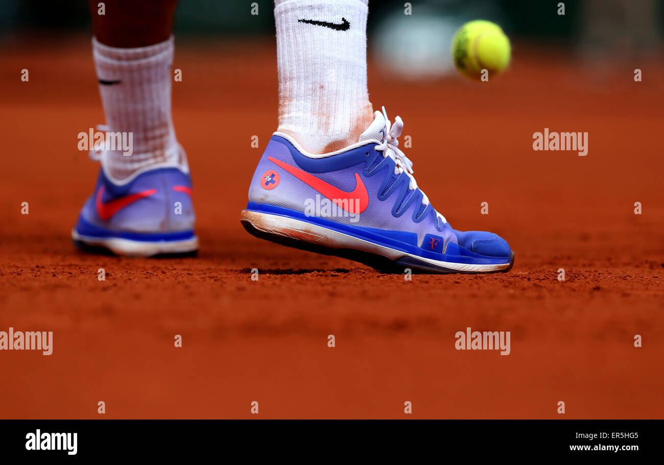 Paris, France. 27th May, 2015. The shoes of Roger Federer of Switzerland  are seen during the men's single's 2nd round match against Marcel Granollers  of Spain at 2015 French Open tennis tournament,