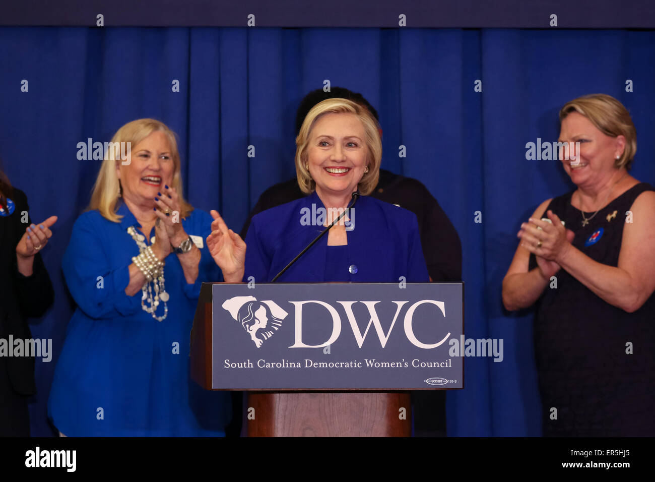 Former Secretary of State and Democratic presidential candidate Hillary Rodham Clinton speaks to democratic women at the Third Annual Day in Blue May 27, 2015 in Columbia, SC. This is Clinton's first campaign event in South Carolina. Stock Photo