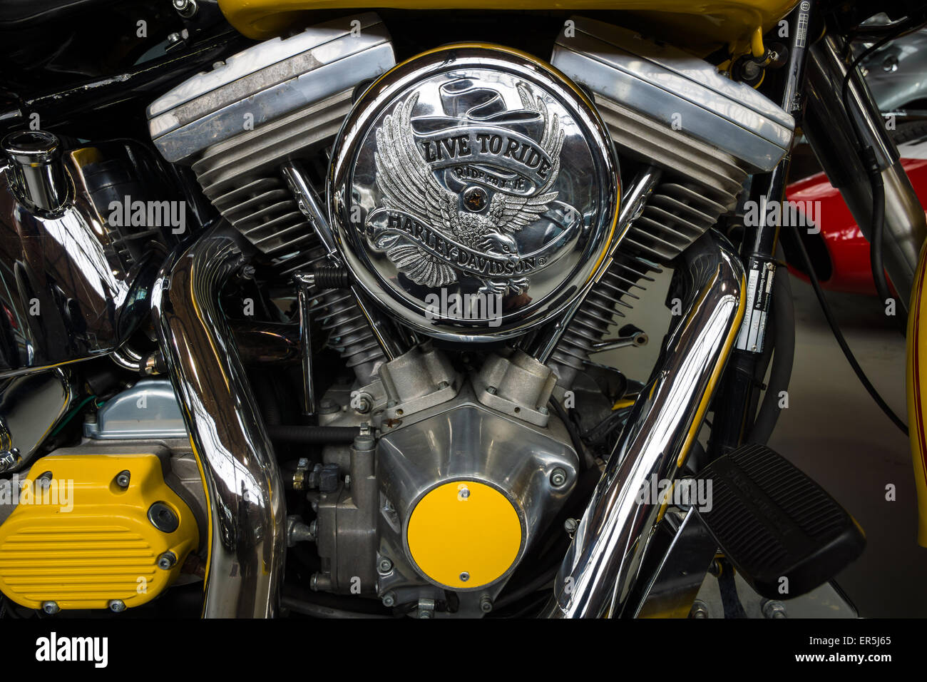 BERLIN - MAY 10, 2015: The Harley-Davidson Twin Cam engine close-up. 28th Berlin-Brandenburg Oldtimer Day Stock Photo