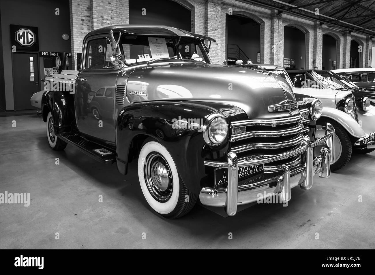 BERLIN - MAY 10, 2015: Pickup truck Chevrolet Advance Design 3100. Black and white. 28th Berlin-Brandenburg Oldtimer Day Stock Photo