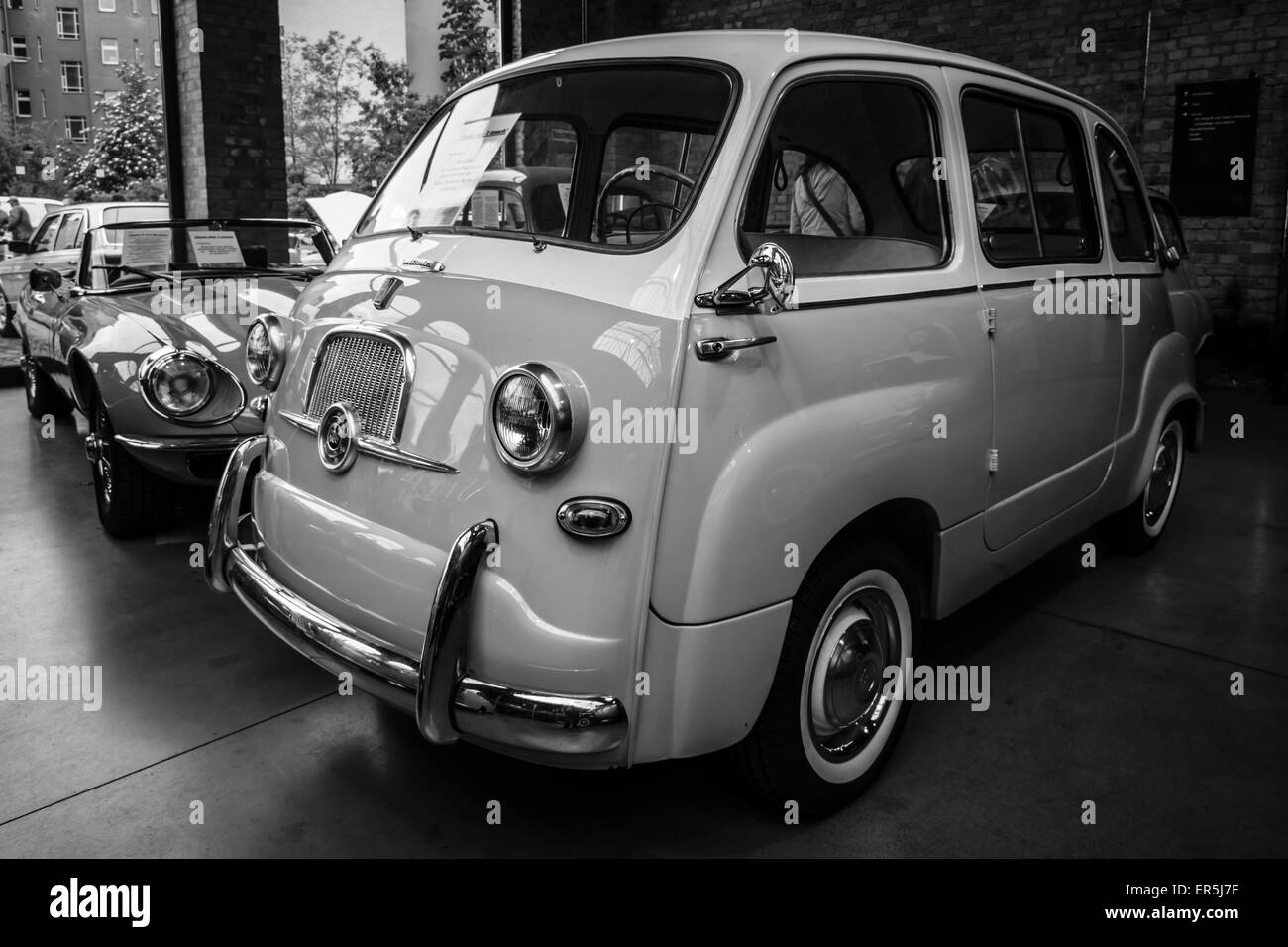 BERLIN - MAY 10, 2015: Mini MPV (multi-purpose vehicle) Fiat 600 Multipla. Black and white. 28th Berlin-Brandenburg Oldtimer Day Stock Photo