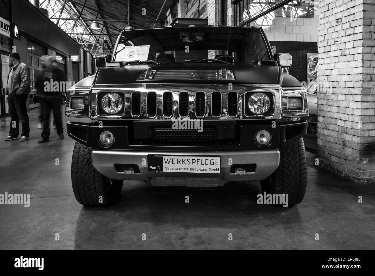BERLIN - MAY 10, 2015: Full-size SUV (crew cab truck) Hummer H2. Black and white. 28th Berlin-Brandenburg Oldtimer Day Stock Photo