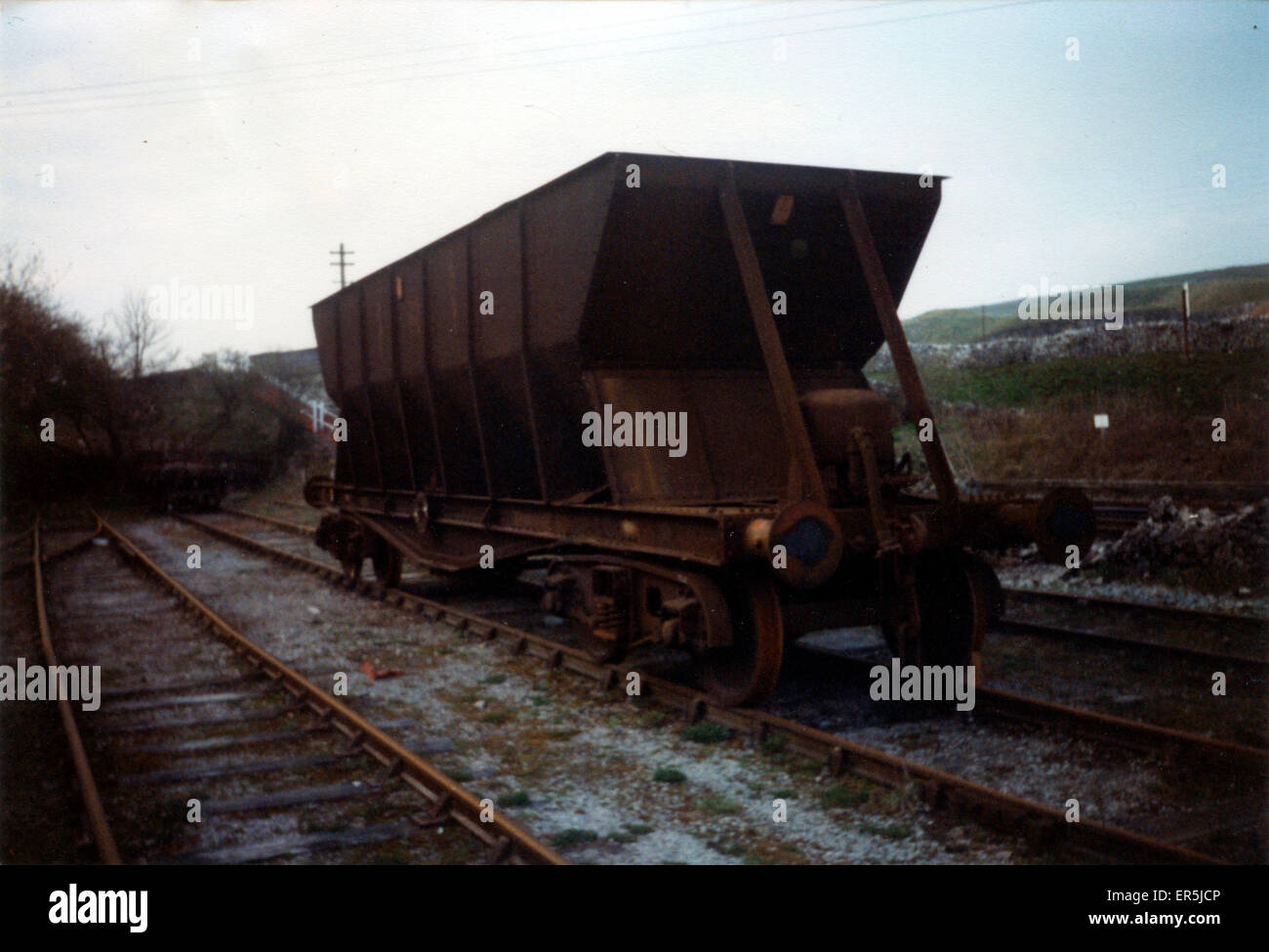 Railway Bogie Hopper Wagon, Tunstead Quarry, Derbyshire Stock Photo