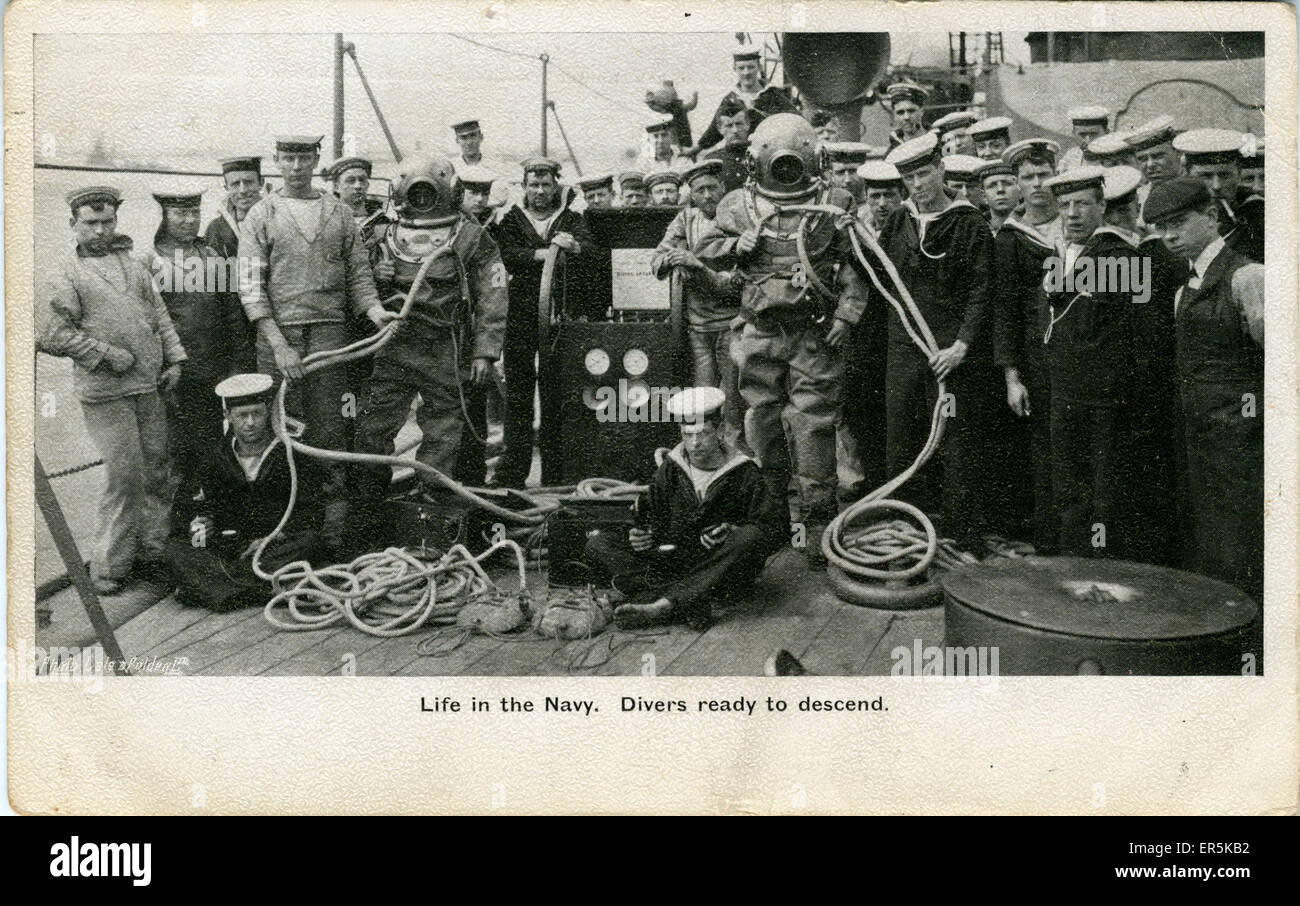 World War One Diving from Navy Boat, Britain. Captioned: Life in the Navy. Divers ready to descend.  1917 Stock Photo