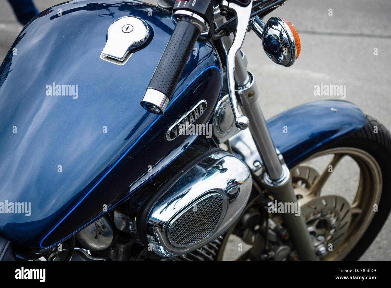 BERLIN - MAY 10, 2015: Detail of motorcycle Yamaha XV 750 Virago, 1993. The 28th Berlin-Brandenburg Oldtimer Day Stock Photo