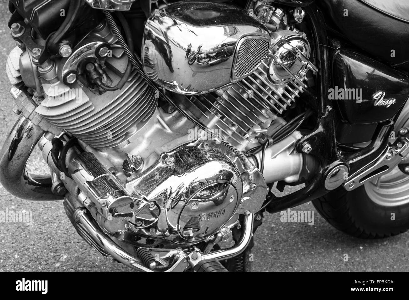 BERLIN - MAY 10, 2015: Engine of the motorcycle Yamaha XV 750 Virago, closeup, 1993. Black and white. 28th Berlin-Brandenburg Ol Stock Photo