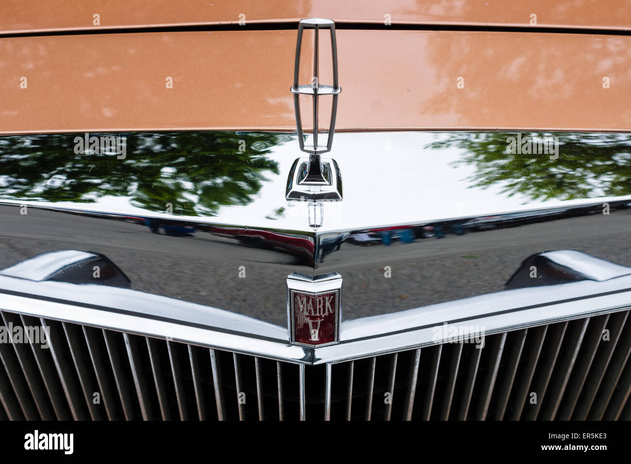 BERLIN - MAY 10, 2015: Hood ornament of a personal luxury car Lincoln Continental Mark V. 28th Berlin-Brandenburg Oldtimer Day Stock Photo