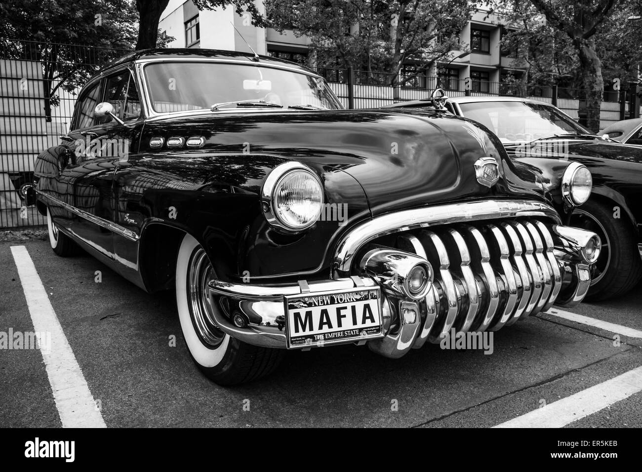 BERLIN - MAY 10, 2015: Full-size car Buick Super (Third generation), 1950. Black and white. 28th Berlin-Brandenburg Oldtimer Day Stock Photo