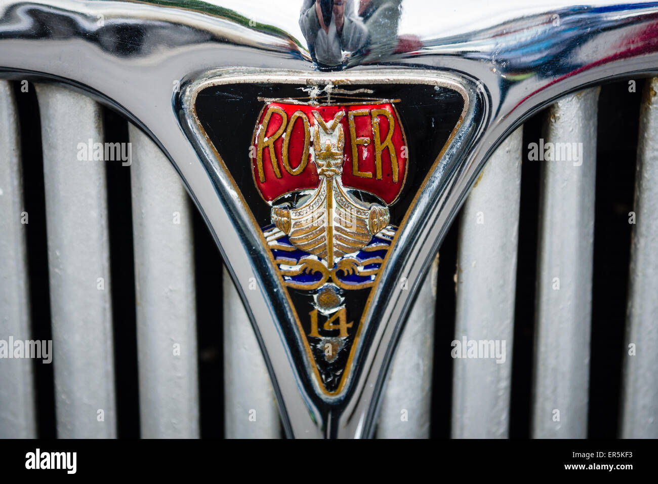 BERLIN - MAY 10, 2015: Emblem on the grill of a vintage car Rover 14. The 28th Berlin-Brandenburg Oldtimer Day Stock Photo