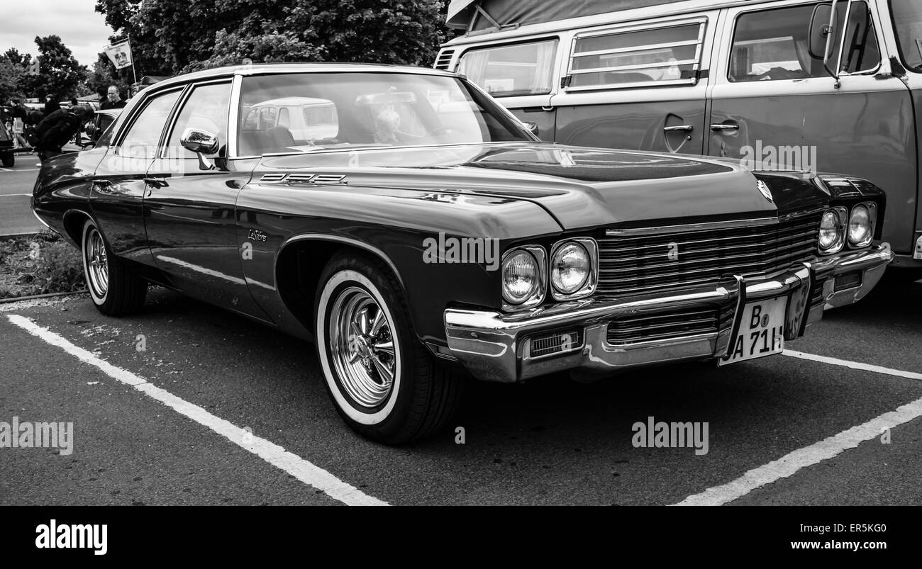 BERLIN - MAY 10, 2015: Full-size car Buick LeSabre (Fourth generation). Black and white. 28th Berlin-Brandenburg Oldtimer Day Stock Photo