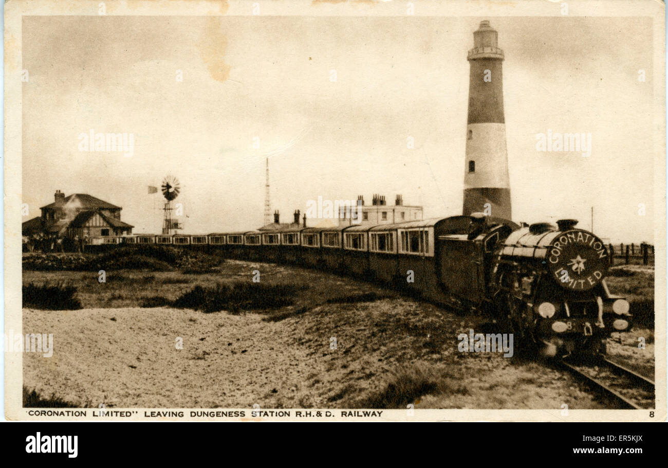 Railway Station and Train -'Coronation Limited', Dungeness Stock Photo