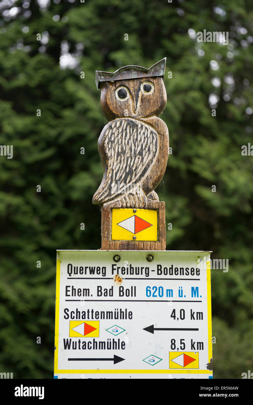 Direction sign with owl, Wutachschlucht, near Bonndorf, Black Forest, Baden-Wuerttemberg, Germany Stock Photo