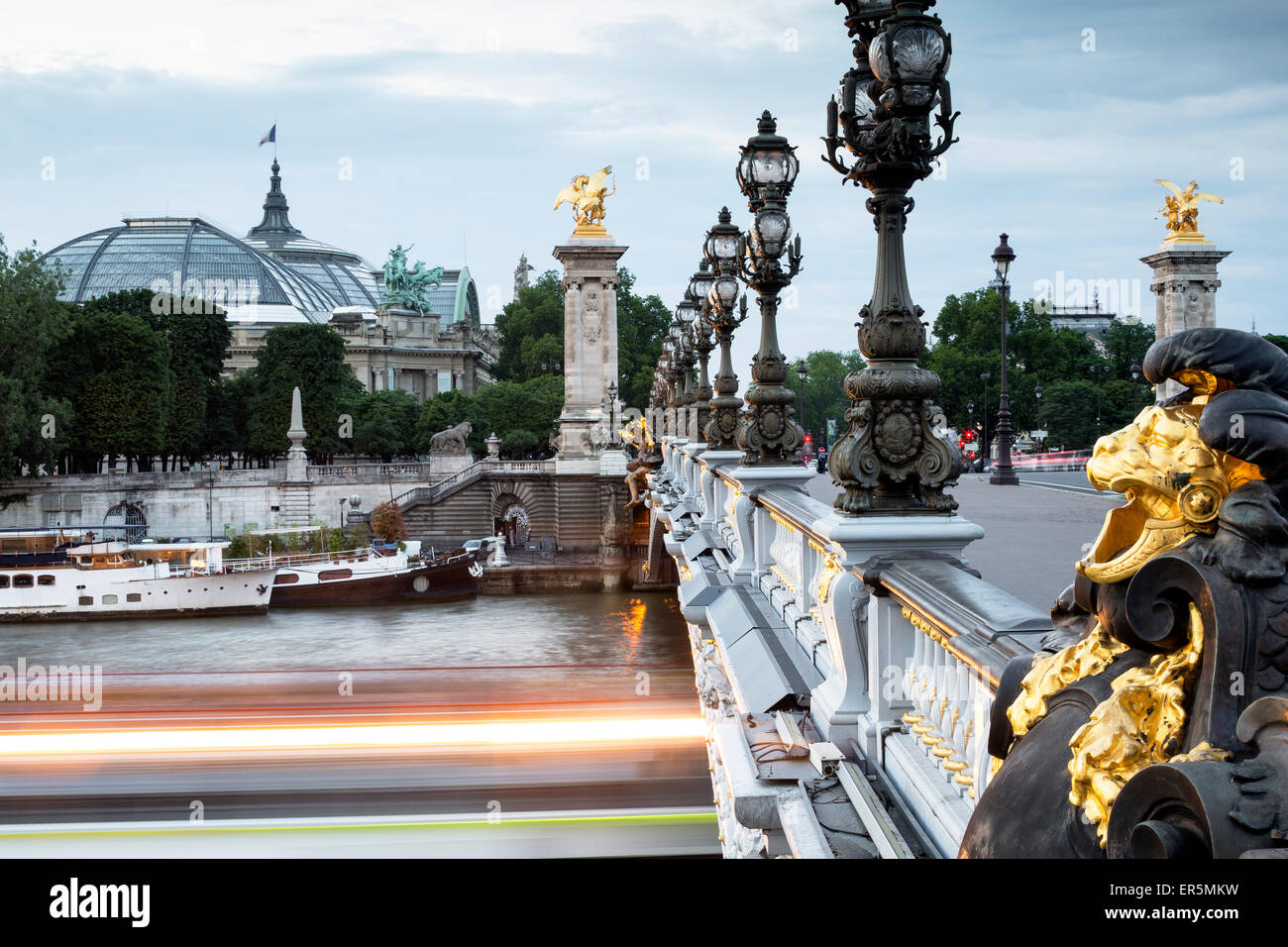 Pont Alexandre III, Grand Palais in the background, Paris, France, Europe, UNESCO World Heritage Sites bank of Seine between Pon Stock Photo