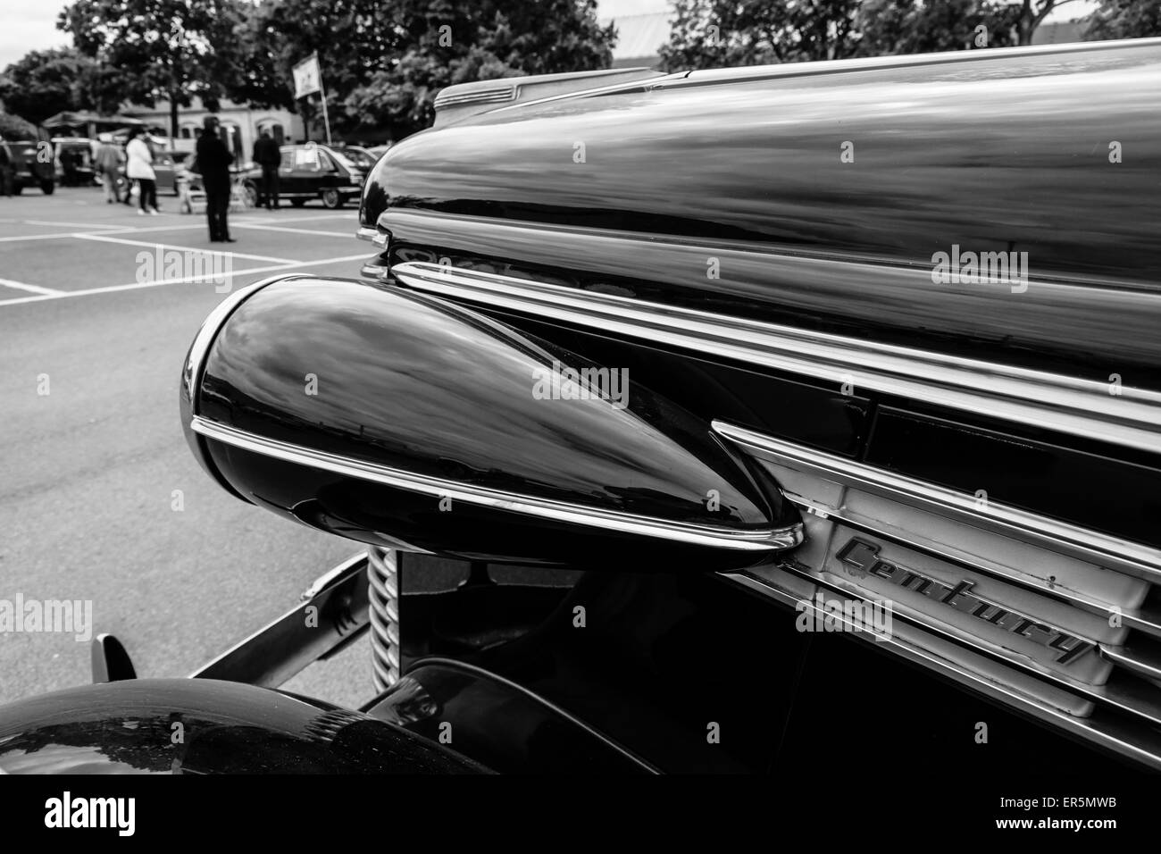 BERLIN - MAY 10, 2015: Fragment of a full-size car Buick Century, 1938. Black and white. 28th Berlin-Brandenburg Oldtimer Day Stock Photo