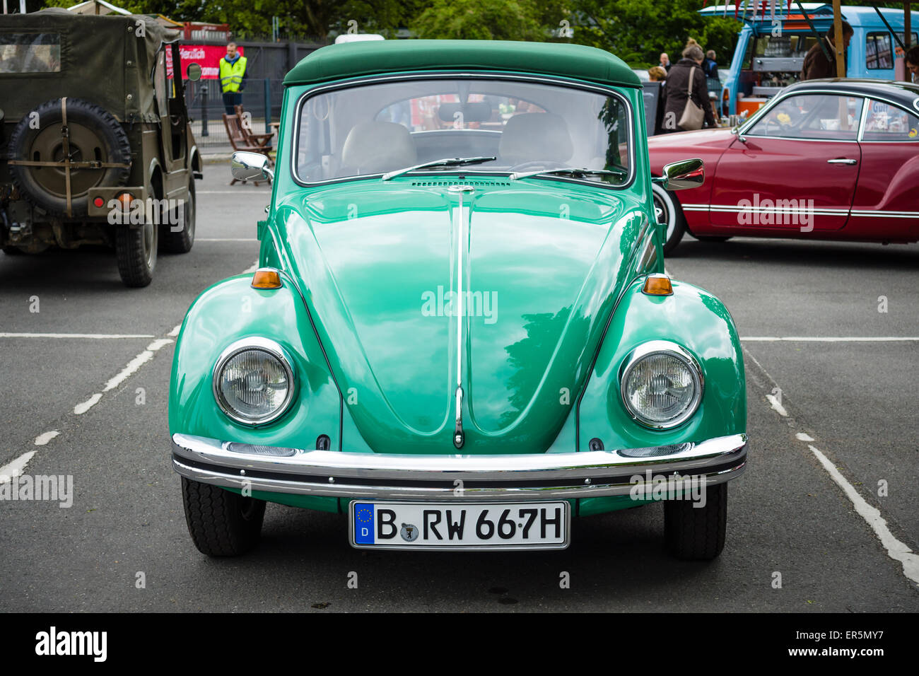 BERLIN - MAY 10, 2015: Subcompact, economy car Volkswagen Beetle. 28th Berlin-Brandenburg Oldtimer Day Stock Photo