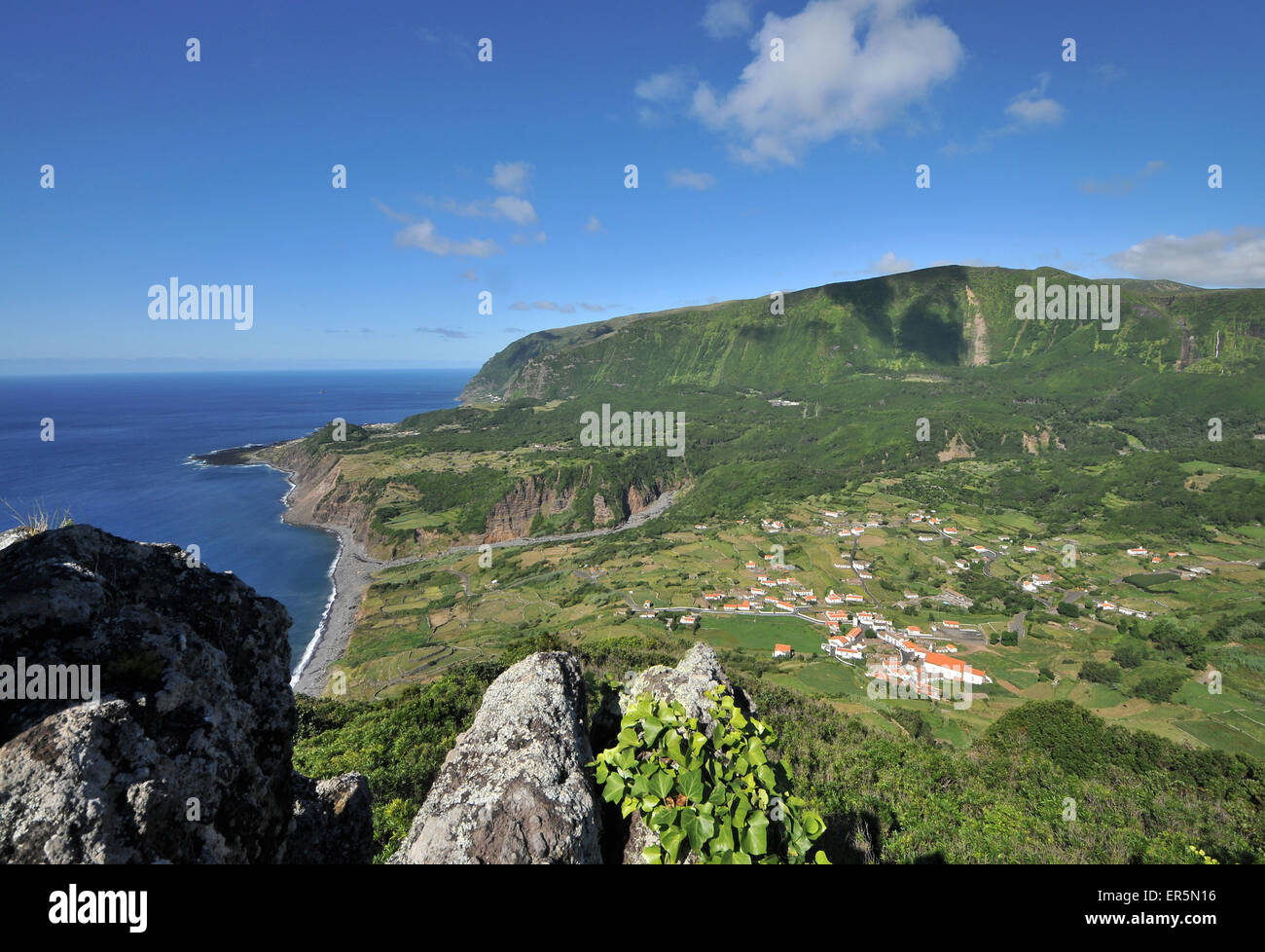 View to Fajazinha, West coast, Island of Flores, Azores, Portugal Stock Photo