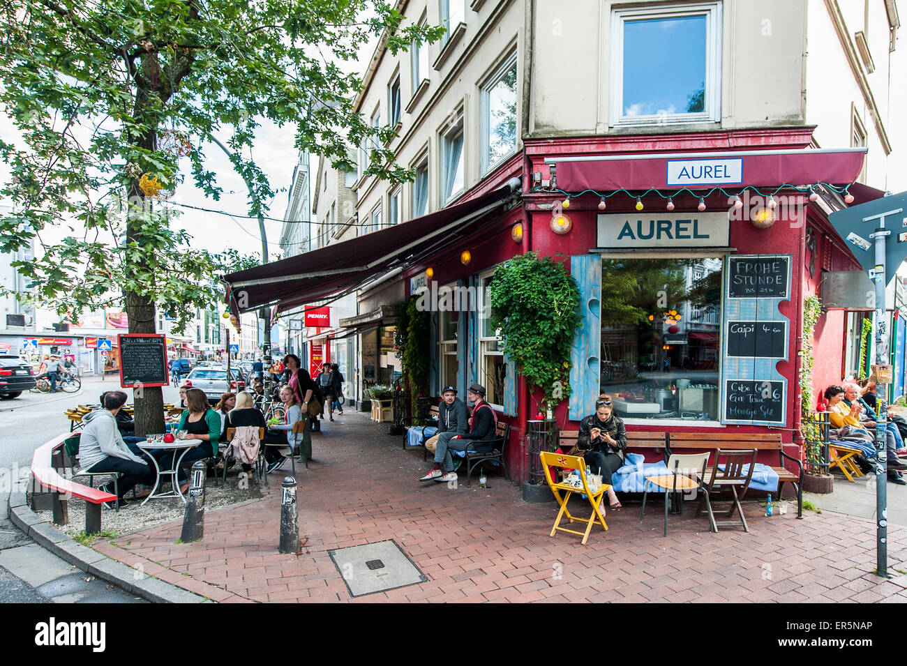 People in front of Bar Aurel, Altona, Hamburg, Germany Stock Photo