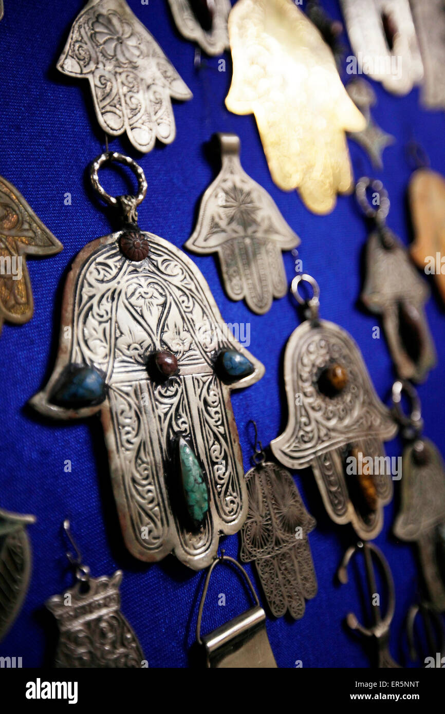 Pieces of jewellery Hamsa, Souq, Marrakesh, Morocco Stock Photo