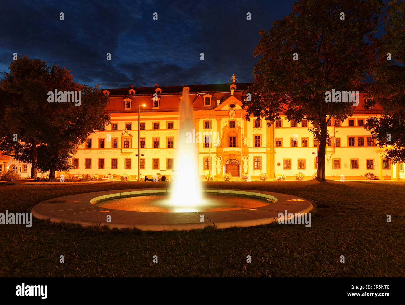 State Chancellery of Thuringia at night, former kurmainzische Statthalterei, Hirschgarten, Erfurt, Thuringia, Germany Stock Photo