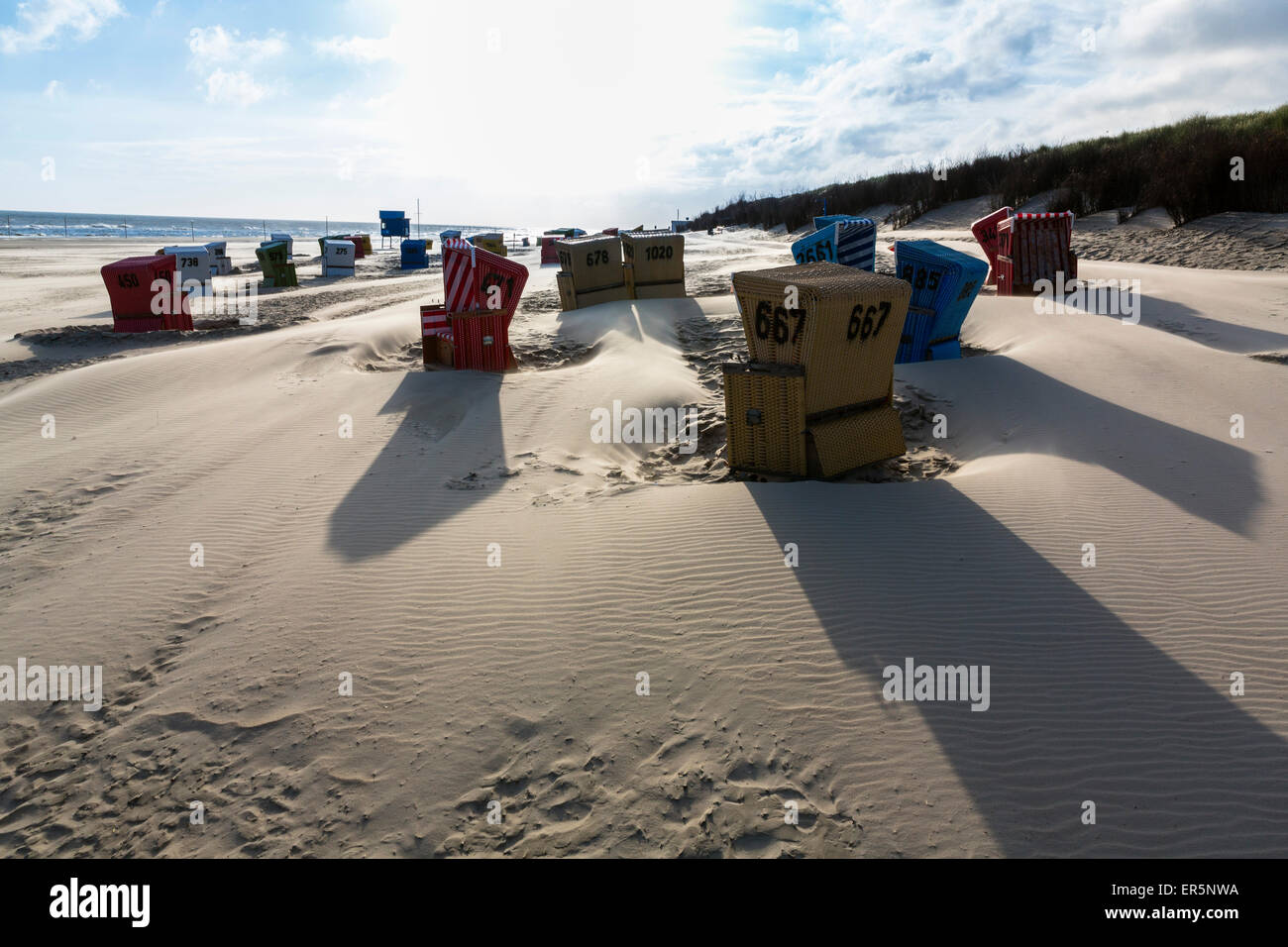Beach chairs on the beach, sun, clouds, Langeoog Island, North Sea, East Frisian Islands, East Frisia, Lower Saxony, Germany, Eu Stock Photo