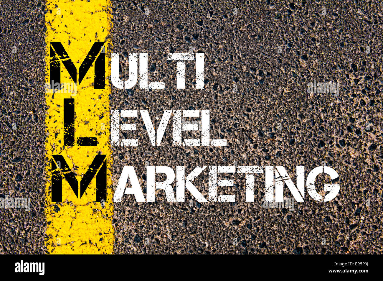 Concept image of Business Acronym MLM as MULTI LEVEL MARKETING written over road marking yellow paint line. Stock Photo
