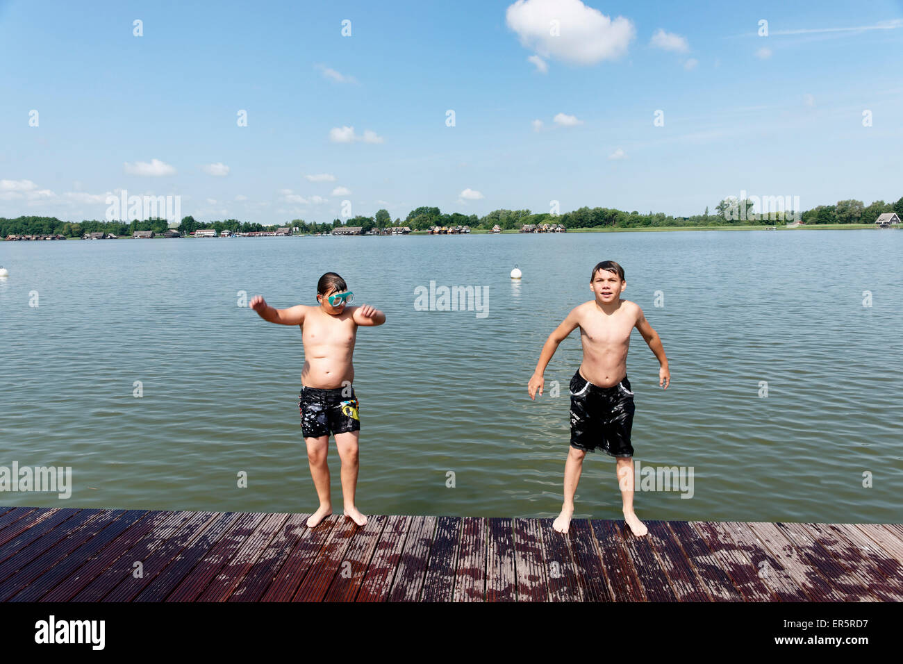 Two boys jumping baclwards into the lake, Inselsee, Guestrow, Mecklenburg-Western Pomerania, Germany Stock Photo