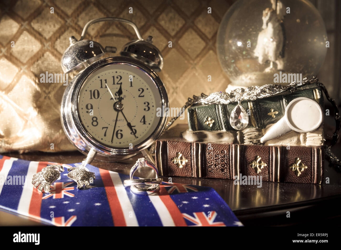 Vintage pocket watch and hour glass or sand timer, symbols of time with copy space Stock Photo
