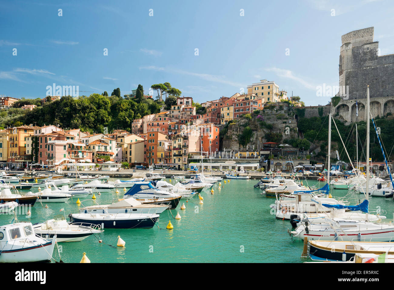 Marina and castle, Lerici, province of La Spezia, Liguria, Italia Stock Photo