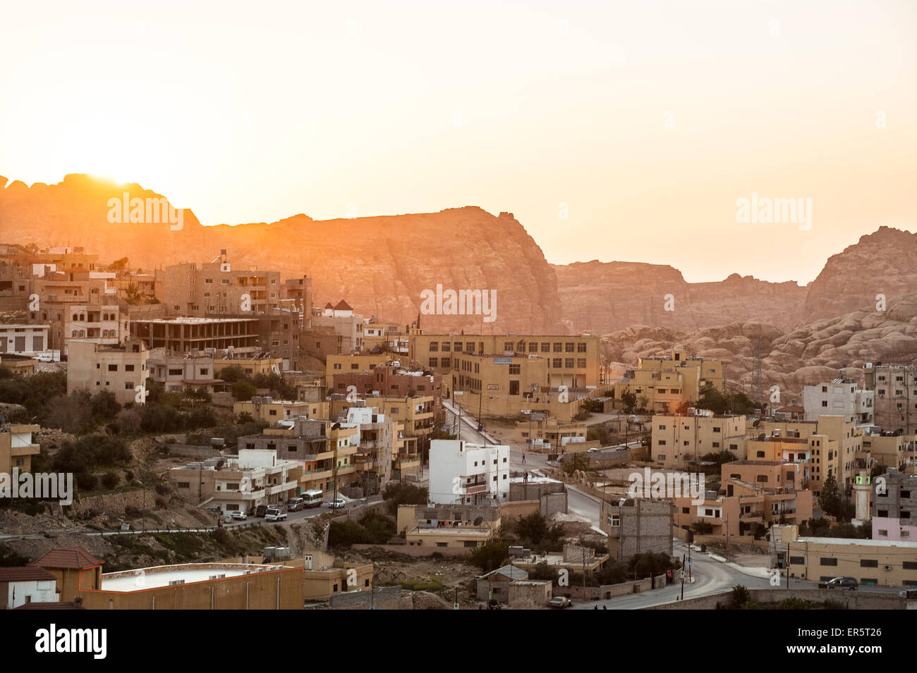 View over Wadi Musa to Petra in sunset, Jordan, Middle East Stock Photo