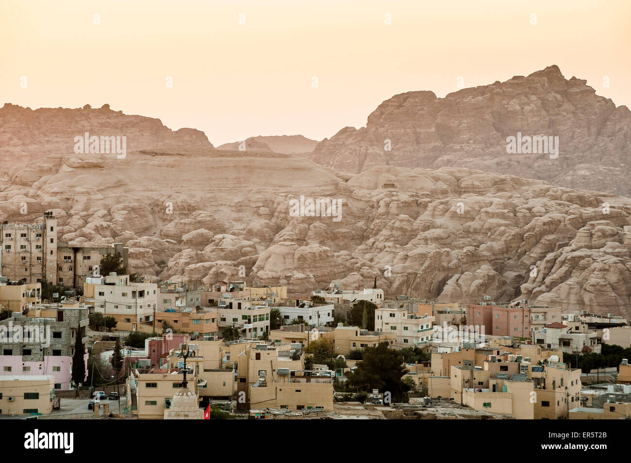 View over Wadi Musa to Petra in sunset, Jordan, Middle East Stock Photo