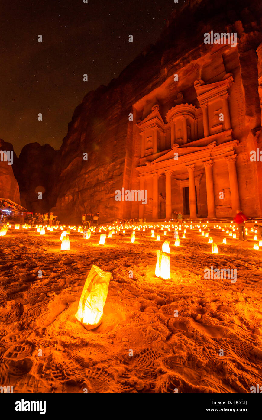 Al Khazneh in candlelight, Petra, Jordan, Middle East Stock Photo