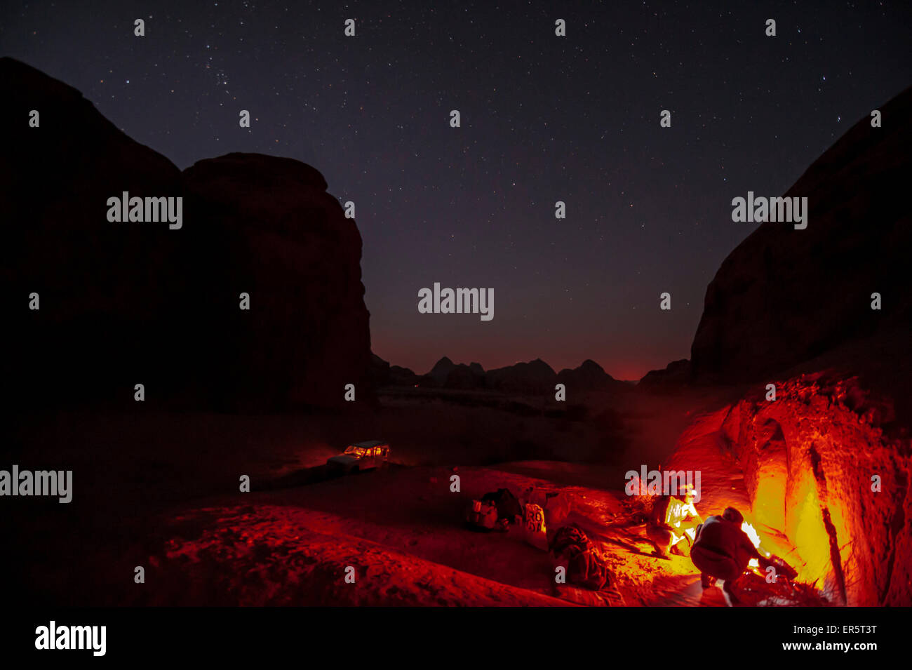 Night camp with campfire, Wadi Rum, Jordan, Middle East Stock Photo
